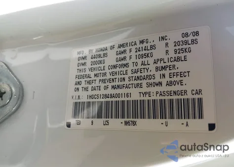 2009 Honda Accord 2.4 Ex-L z USA, uszkodzony, nr VIN 1HGCS12849A001161